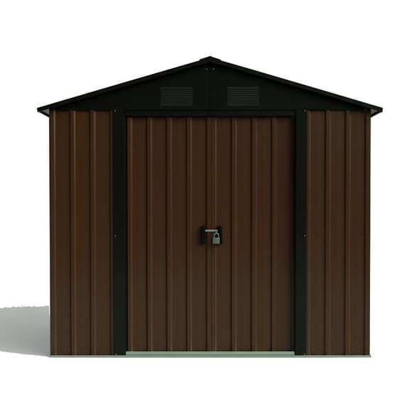 EDX 6'x4' Outdoor Storage Shed with Gable Roof, Double Hinged Doors, Lockable, Galvanized Steel - Garden Storage Shed,Brown