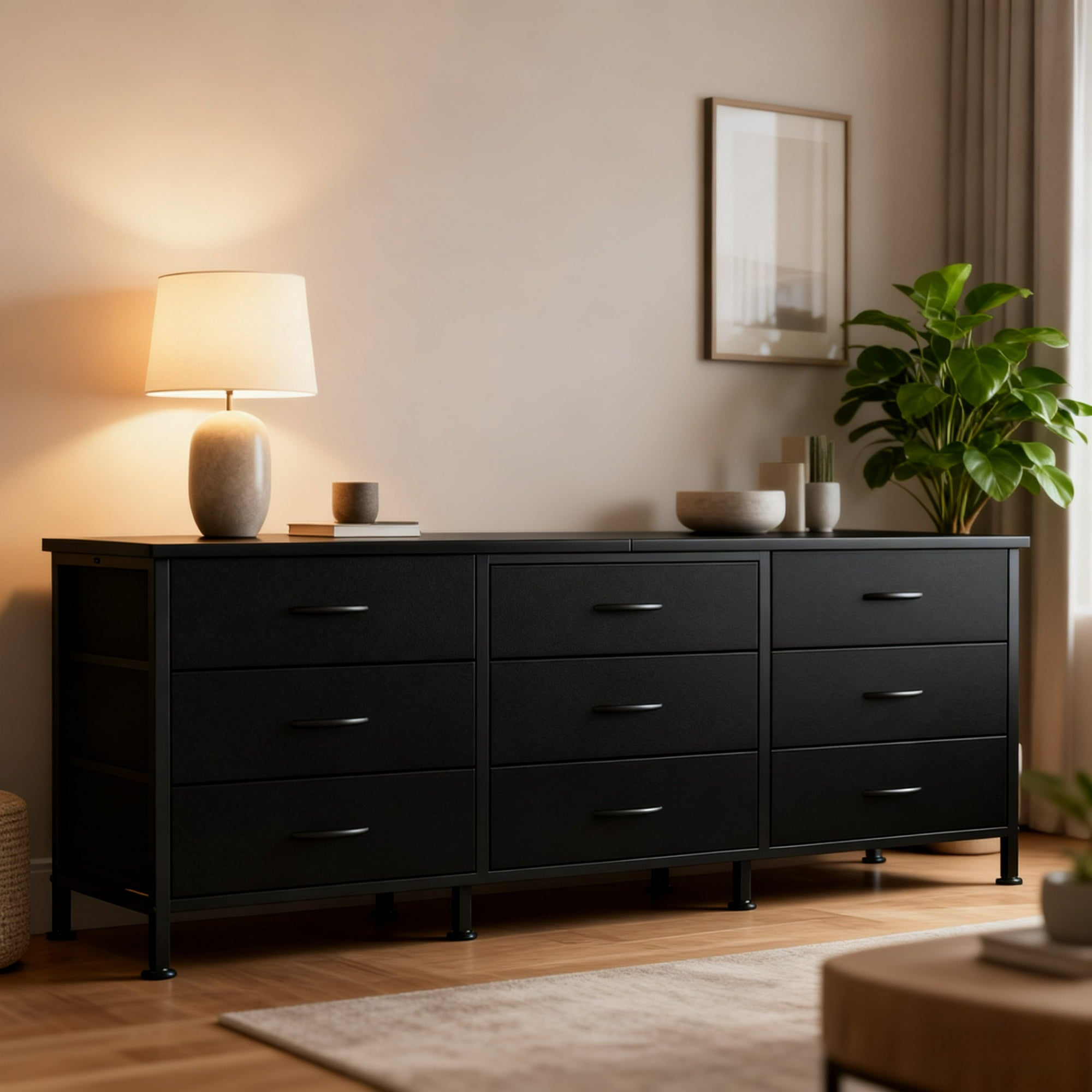 edx 9 Drawer Dresser for Bedroom, 63" Fabric Chest, TV Stand for 65, 70, 75 inch TV, Wide Storage Organizer for Closet, Hallway & Living Room