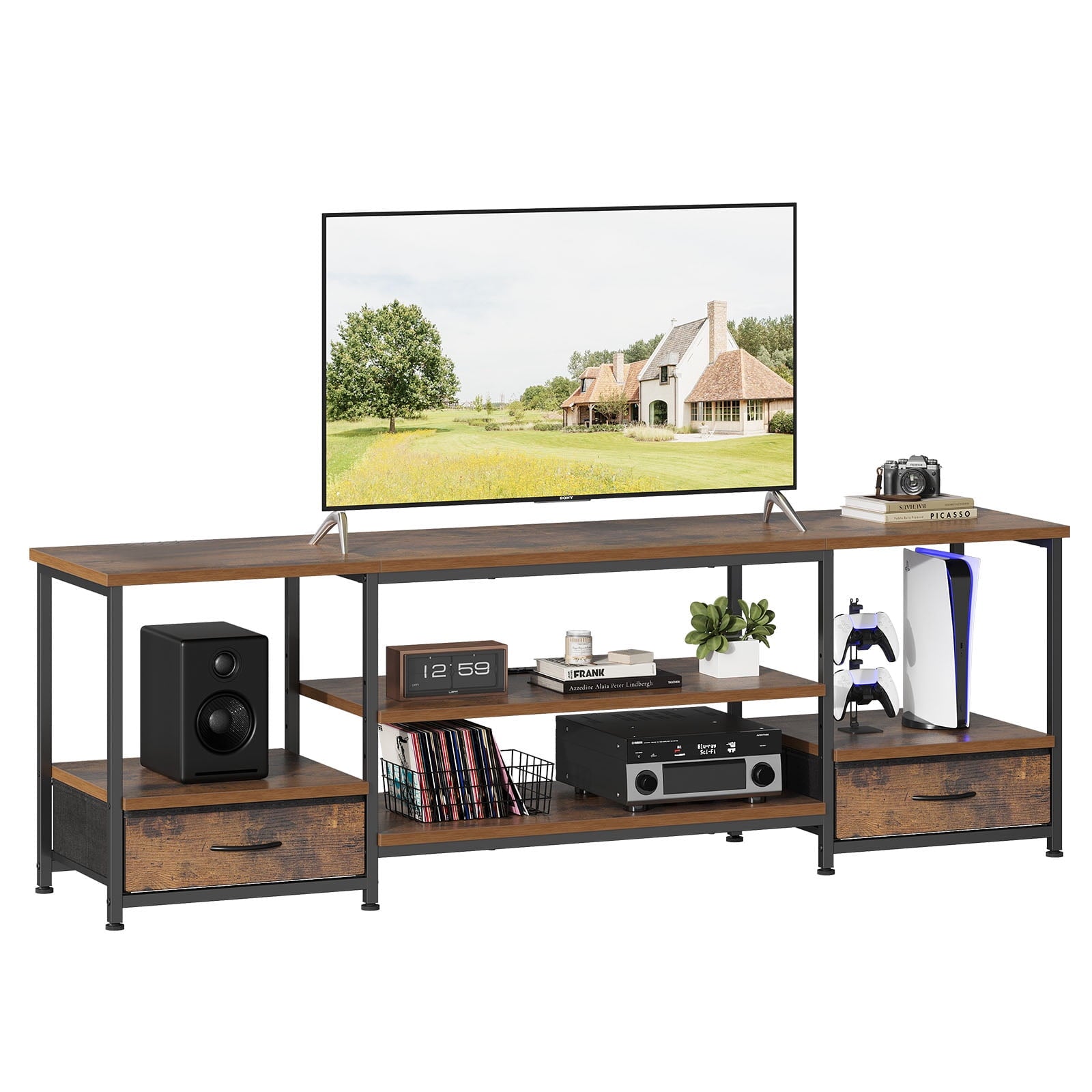 EDX TV Stand with Power Outlets and LED Light, Double-layer 2 Fabric Drawers , Media Console with Storage for Living Room or Bedroom, Rust
