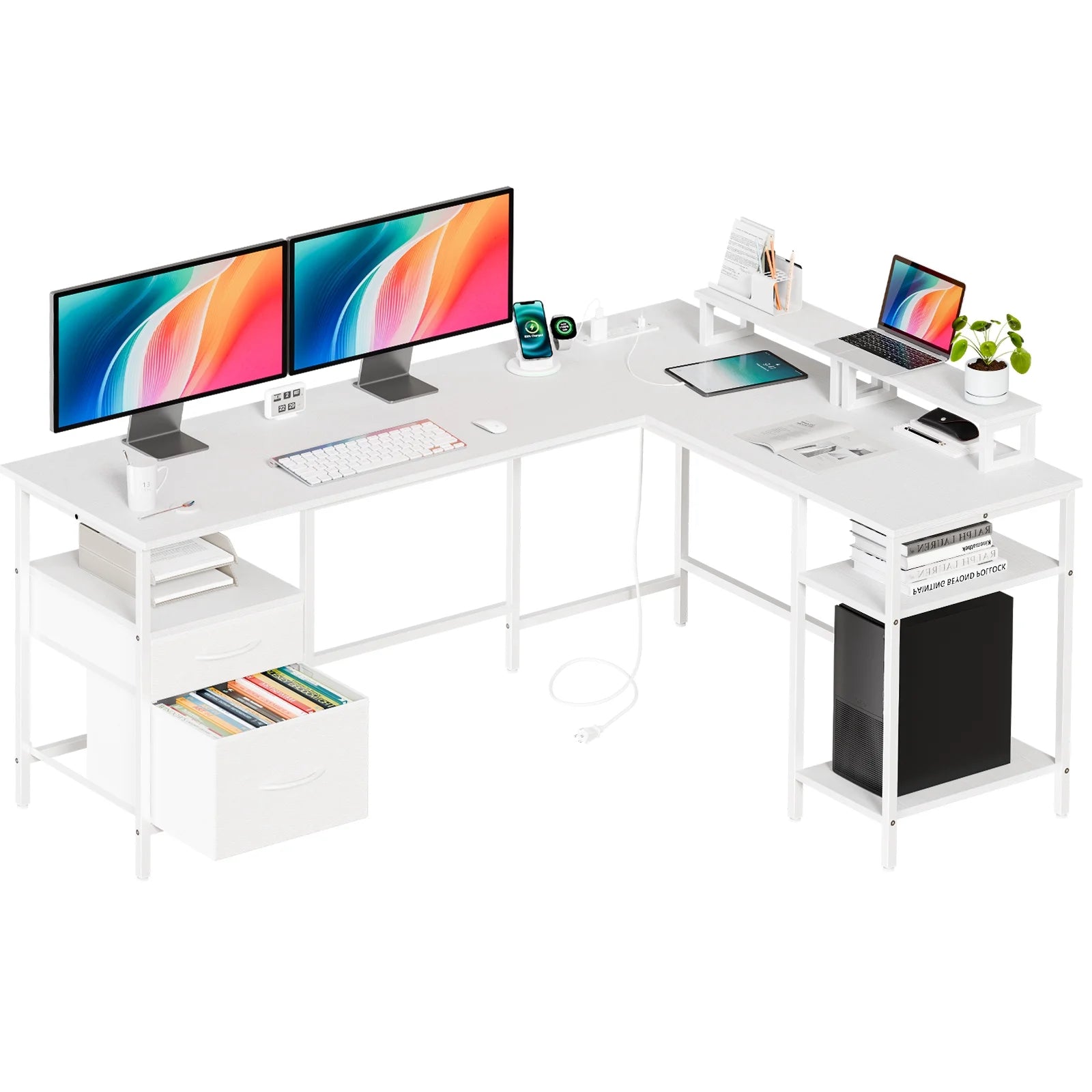 EDX 65” L Shaped Desk with Power Outlet, Reversible Computer Gaming Desk, File Drawer, 2 Monitor Stands & Storage Shelves for Home Office