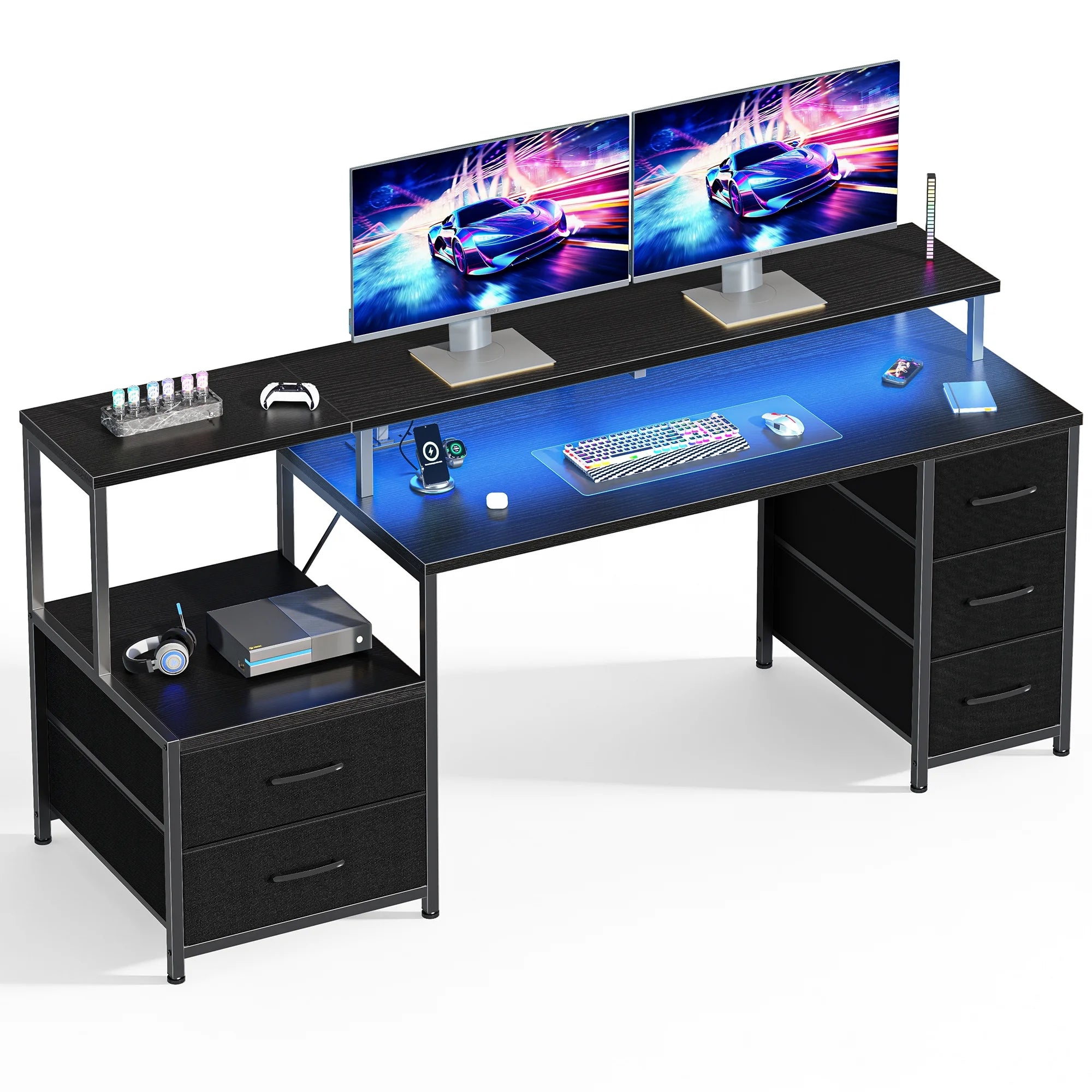 EDX 67 Inch Gaming Desk with Hutch, 4 Fabric Drawers & LED Lights, Reversible Computer Table with Monitor Stand for Home Office