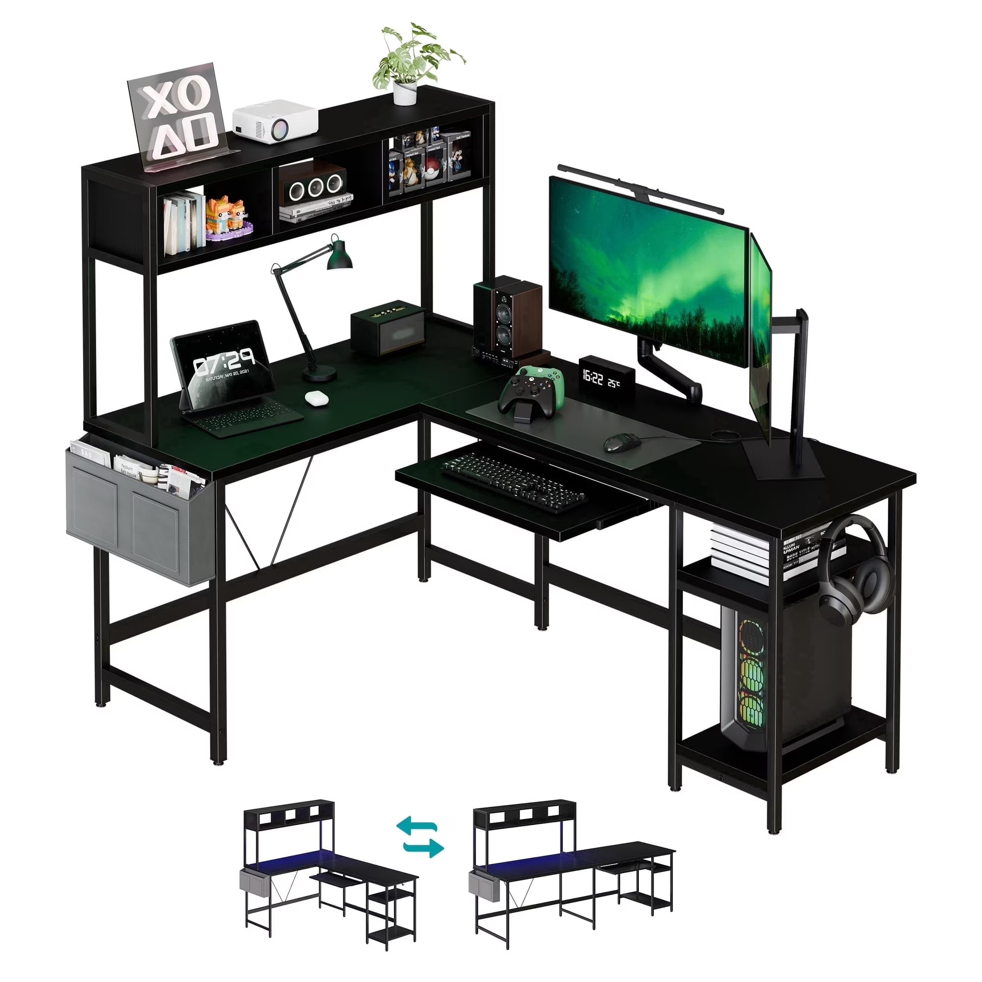 EDX 67‘’ L Shaped Computer Desk with LED Light & Power Outlet, Reversible Table with Shelf & Storage Bag & Keyboard Tray for Home Office, Corner Desk