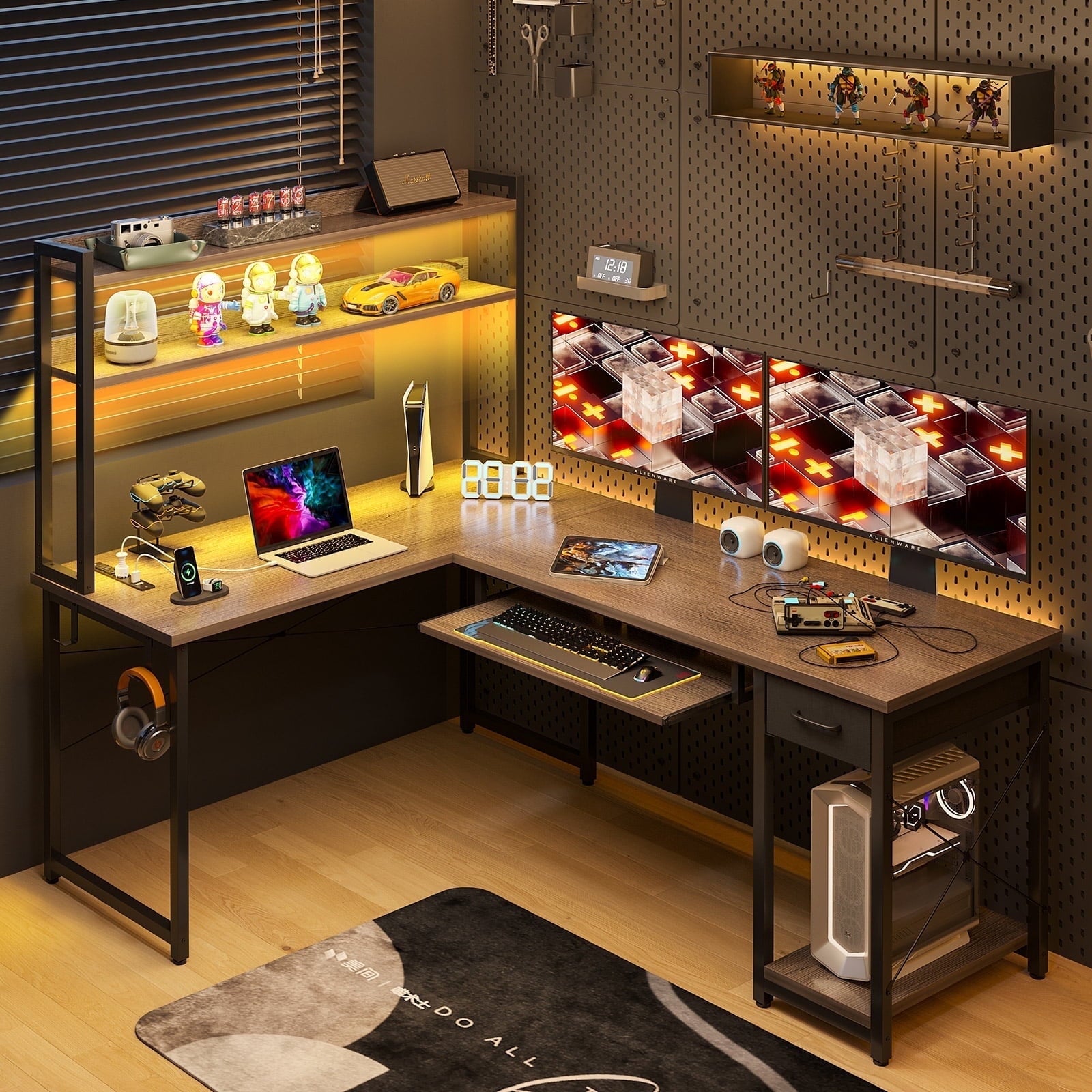 EDX 67" Reversible L-Shaped Gaming Desk featuring Power Outlets & LED Lights, Storage Drawer, Keyboard Tray and Hutch