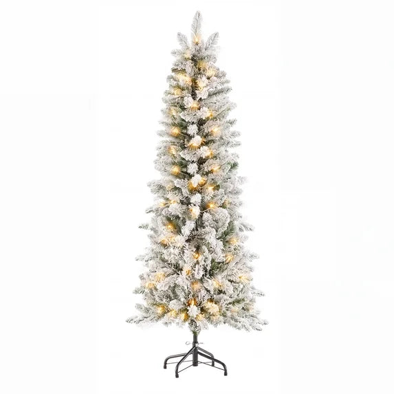 edx Pre-lit Snow Flocked Pencil Christmas Tree, Prelighted Artificial Slim Christmas Trees, With LED Lights, Branch Tips & Foldable Base, For Home, Office, Party Decoration