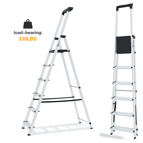 edx Aluminum Folding Step Ladder, 330 lb Capacity – Non-Slip Steps, Safety Rail, Steel Platform, Tool Tray, Slim Fold for Home & Garage, Silver