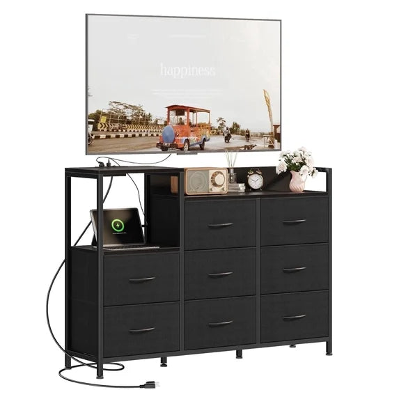 EDX 8 Drawer Dresser TV Stand, with Power Outlets and Open Shelves, for Bedroom and Living Room