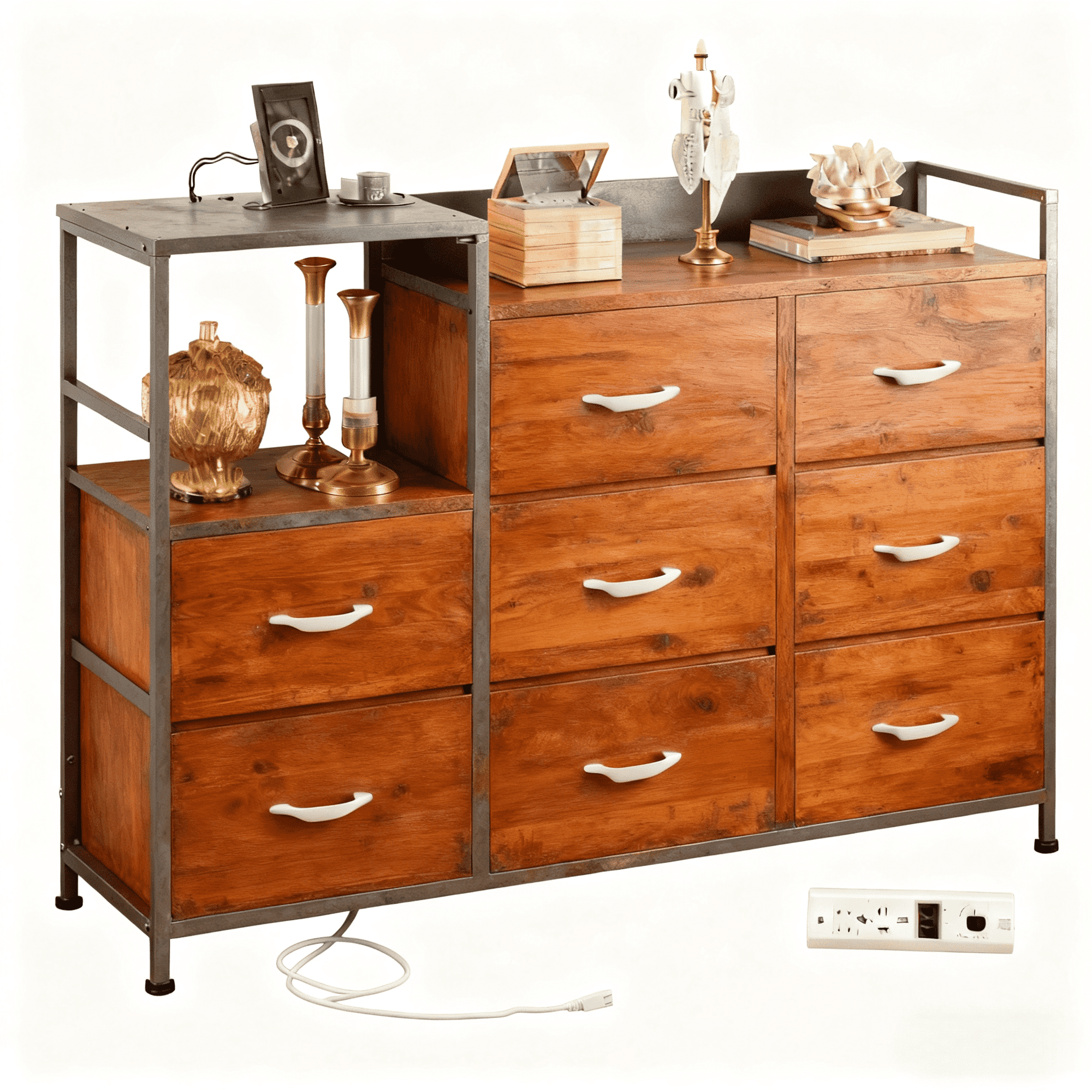 EDX 8-Drawer Fabric Storage Cabinet, Dressing Table, with LED Lights, Charging Dock, and Open Shelves,for Bedroom and Living room