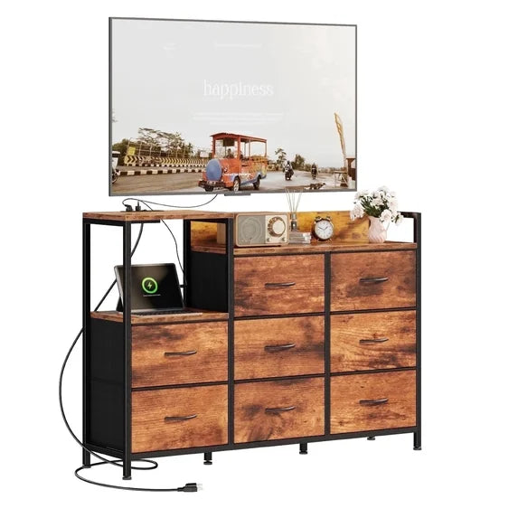 EDX 8 Drawer Dresser TV Stand, with Power Outlets and Open Shelves, for Bedroom and Living Room