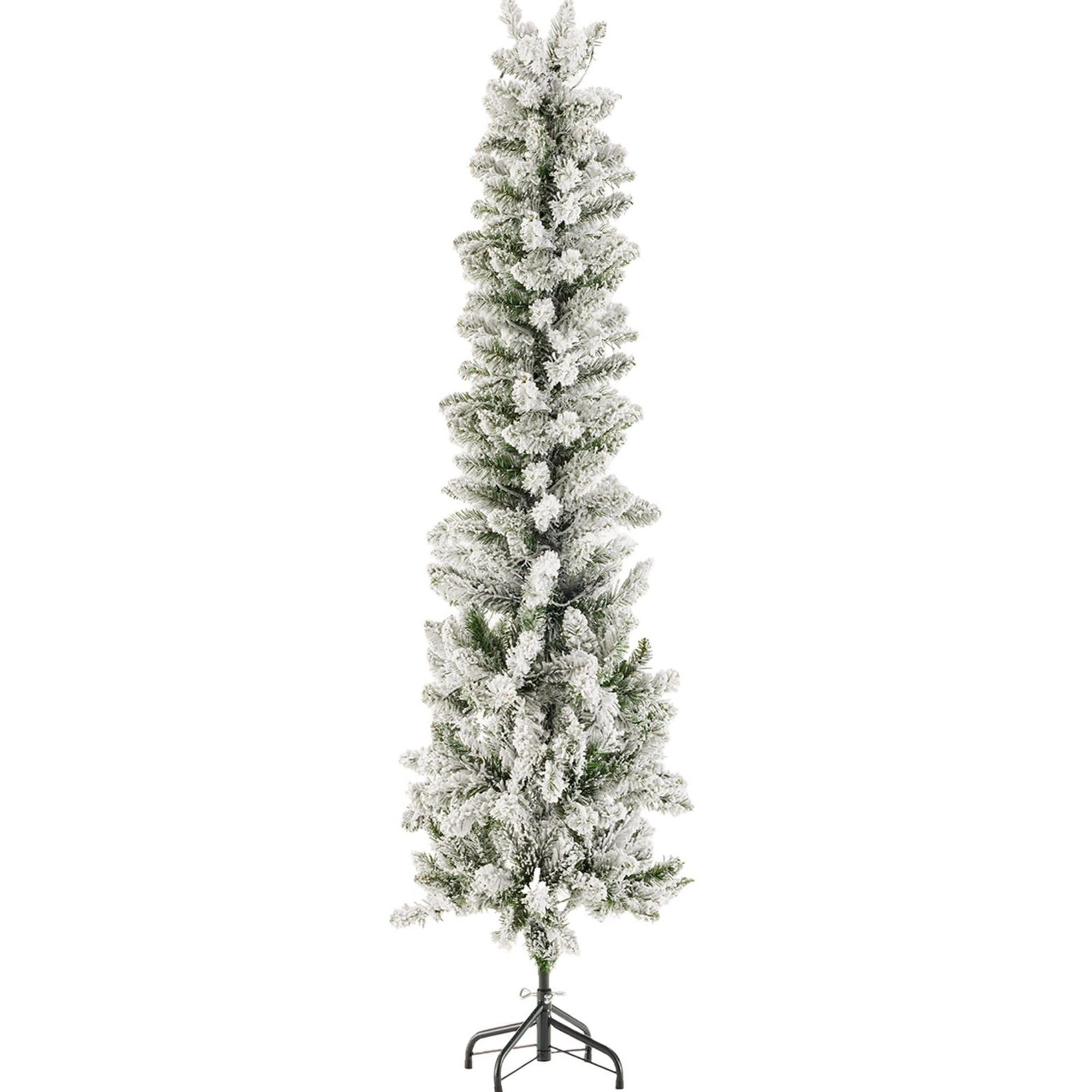 EDX Pre-lit Snow Flocked Pencil Christmas Tree, Prelighted Artificial Slim Christmas Trees, With ncandescent Lights, Branch Tips & Foldable Base, For Home, Office, Party Decoration