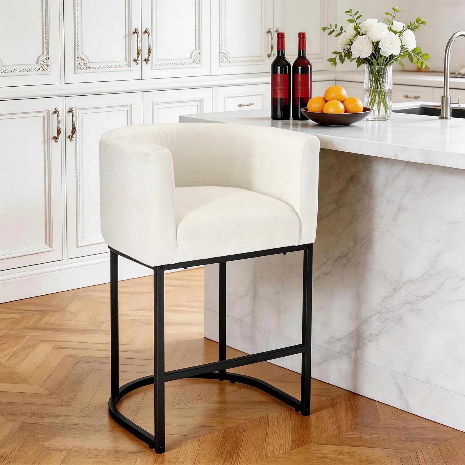 EDX Barrel Bar Stool, Modern Counter Height Barstools with Linen Fabric Upholstered Seat, 350lbs Capacity Kitchen Island Chair, Bar Stools with Metal Sled Base and Footrest for Living Room