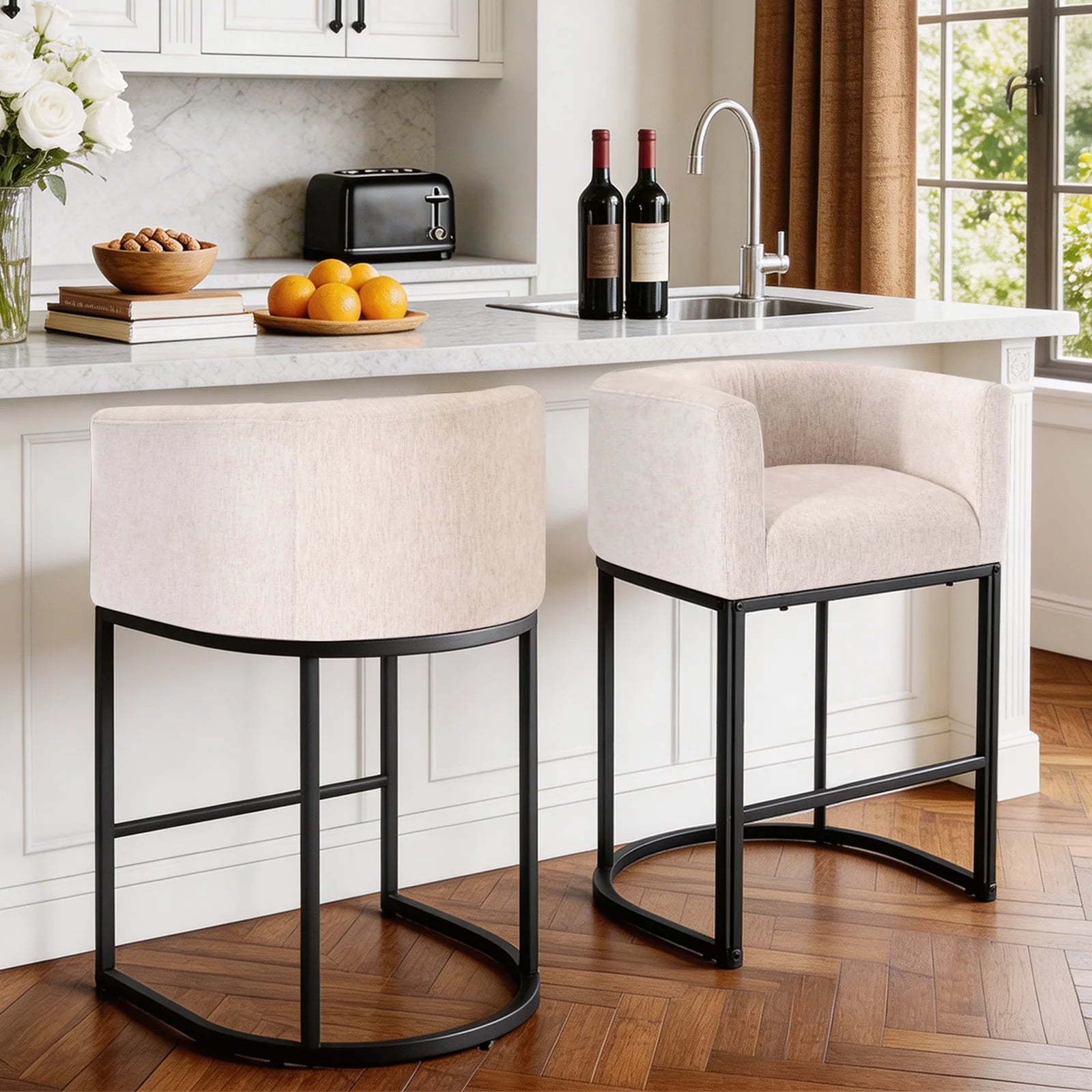 EDX Barrel Bar Stool, Modern Counter Height Barstools with Linen Fabric Upholstered Seat, 350lbs Capacity Kitchen Island Chair, Bar Stools with Metal Sled Base and Footrest for Living Room