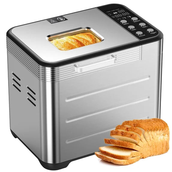 EDX Bread Maker, 20-in-1 Automatic Bread Machine with Stainless Steel Housing & Nonstick Ceramic Pan, 3 Loaf Sizes & 3 Crust Colors, 12-Hour Delay