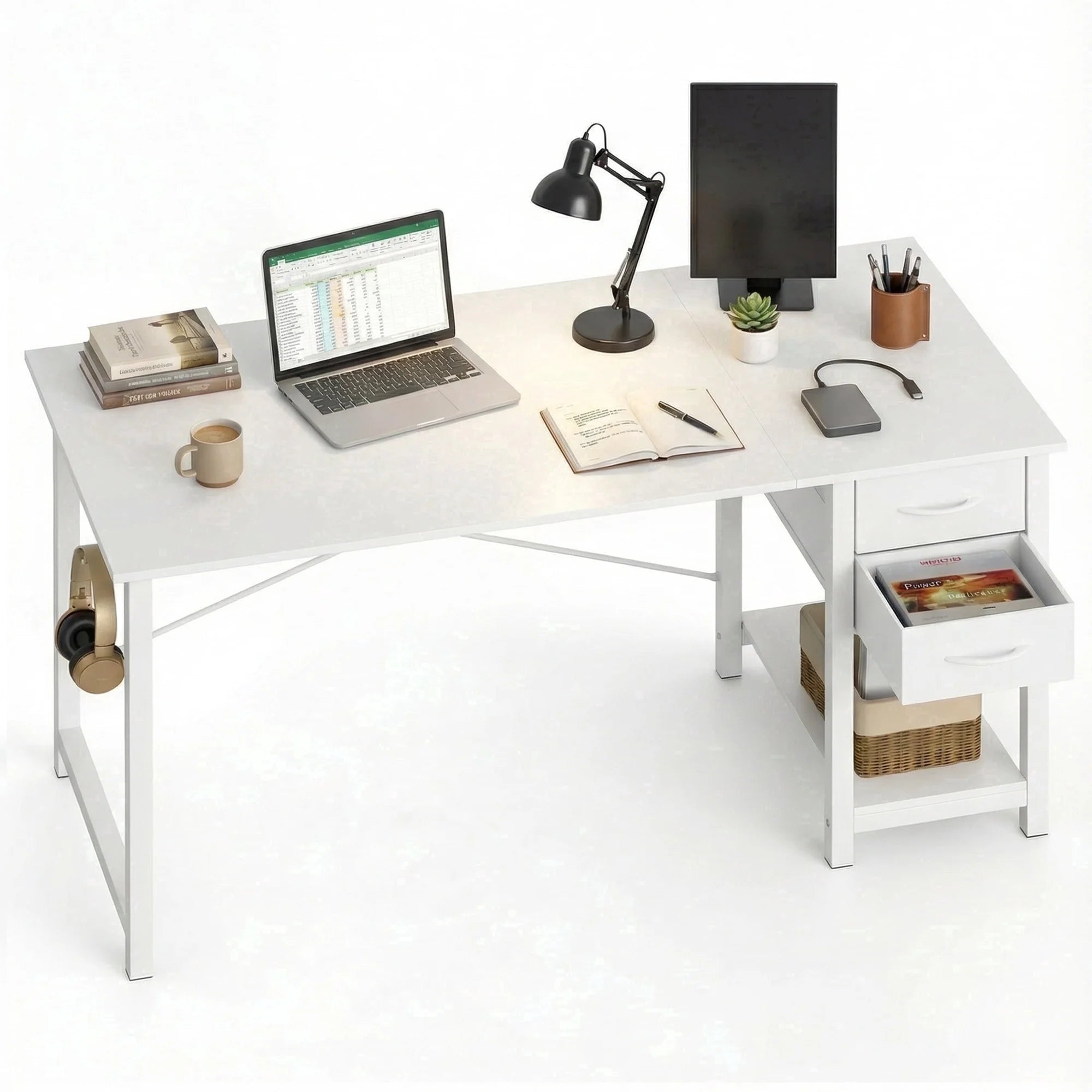 edx Computer Desk with 2 Drawers PC Table Study Writing Desk with Storage Shelf Headphone Hook, Simple Style Small Desk for Home
