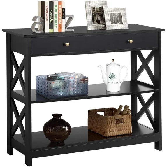 EDX Console Table with Drawer, 39.5 Inch Narrow Sofa Table with Storage Shelves, 3-Tier Wood Entryway Table for Hallway/Living Room/Foyer, Black