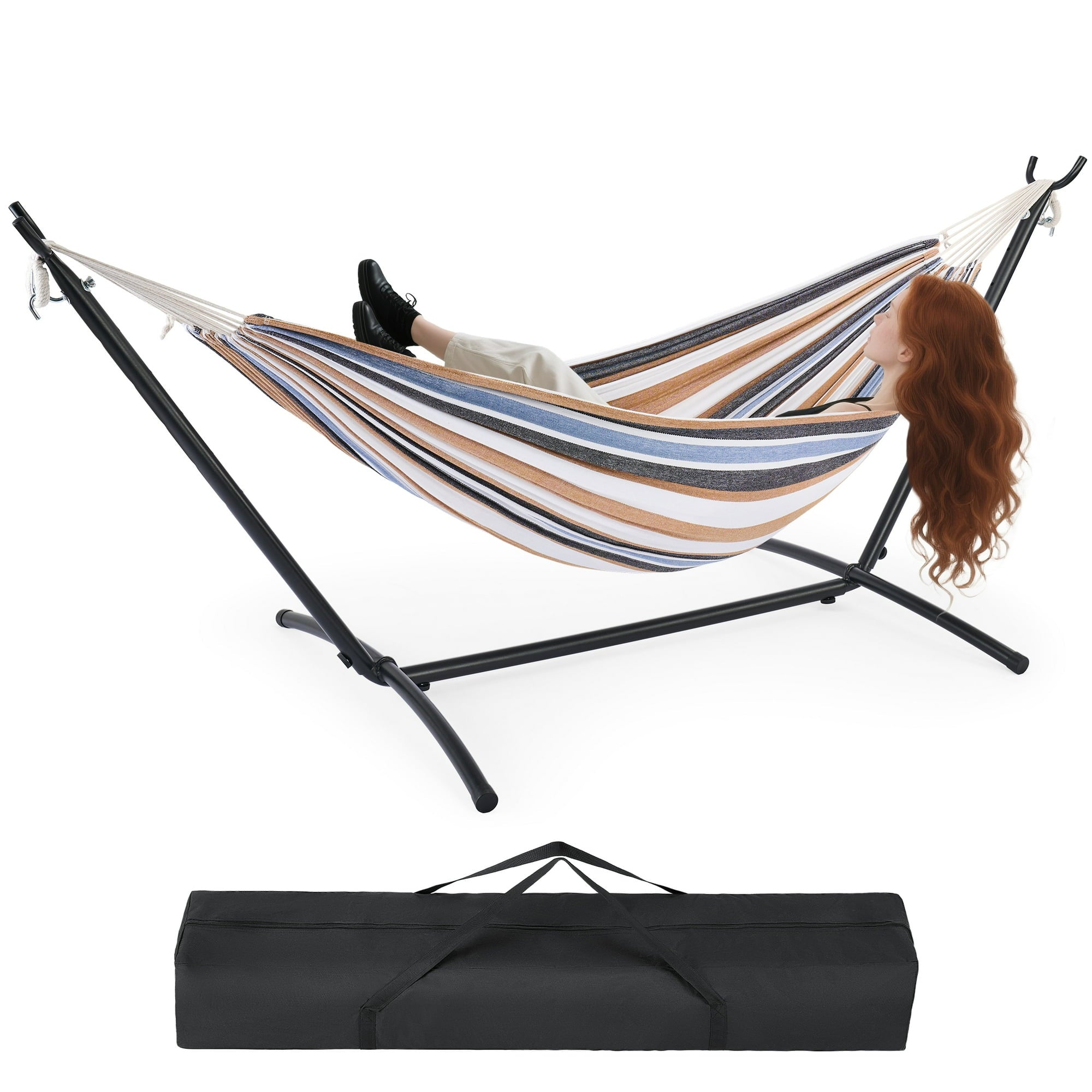 EDX Double Hammock with Space Saving Steel Stand, 2 Person Heavy Duty Outdoor 450lb Capacity Standing Hammocks, Upgraded Polyester End Strings, Portable Carrying Bag Included