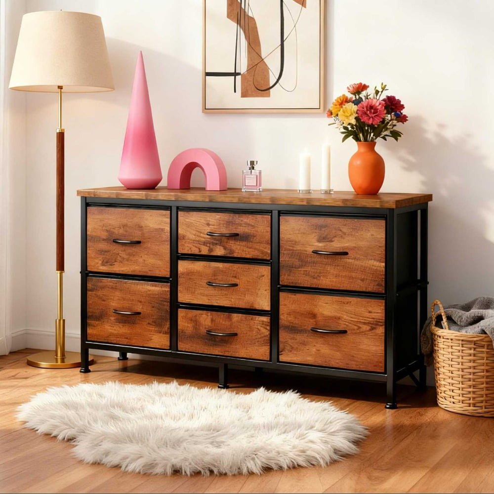 edx 7 Drawer Dresser for Bedroom, 47.2" Fabric Chest of Drawers with Metal Frame, TV Stand for 50, 55 inch TV, Wide Storage Organizer for Closet, Hallway, Nursery, and Living Room