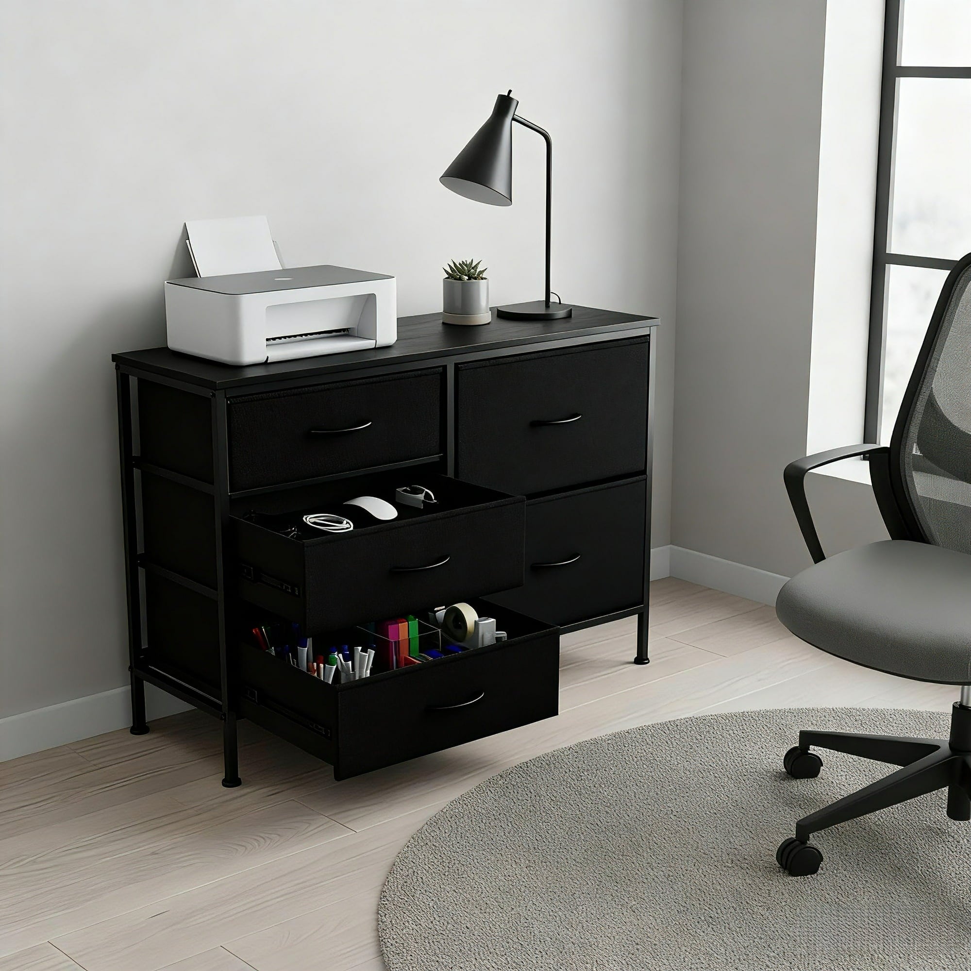 edx 5 Drawer Dresser for Bedroom, 39.4" Fabric Chest of Drawers with Wooden Top Metal Frame, Storage Organizer for Closet, Hallway, Nursery, and Living Room