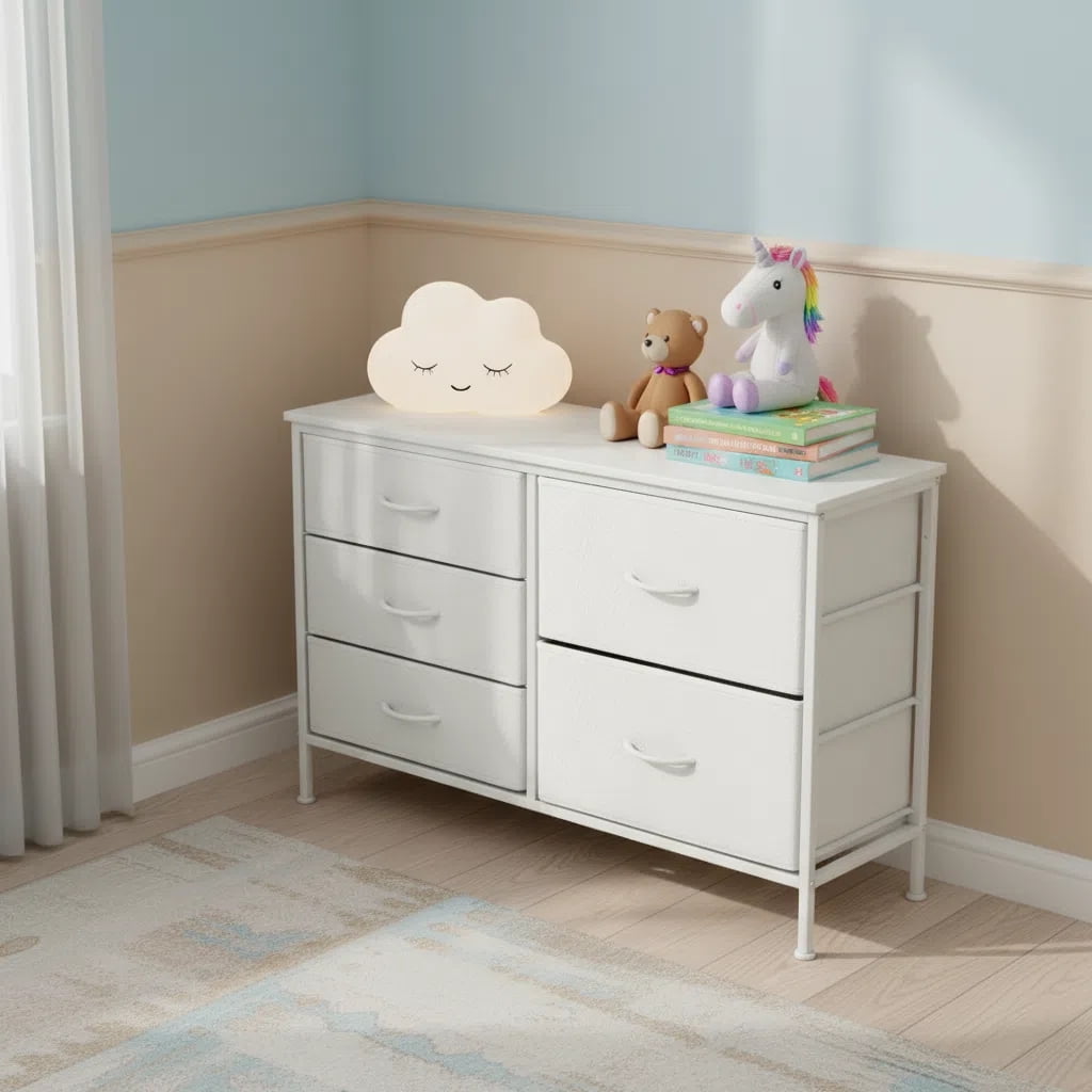 edx 5 Drawer Dresser for Bedroom, 39.4" Fabric Chest of Drawers with Wooden Top Metal Frame, Storage Organizer for Closet, Hallway, Nursery, and Living Room