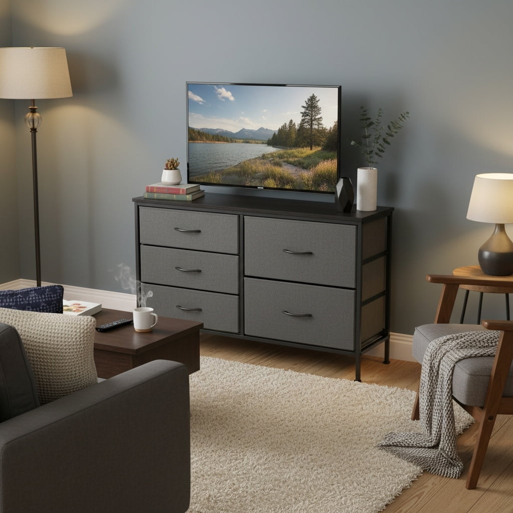 edx 5 Drawer Dresser for Bedroom, 39.4" Fabric Chest of Drawers with Wooden Top Metal Frame, Storage Organizer for Closet, Hallway, Nursery, and Living Room