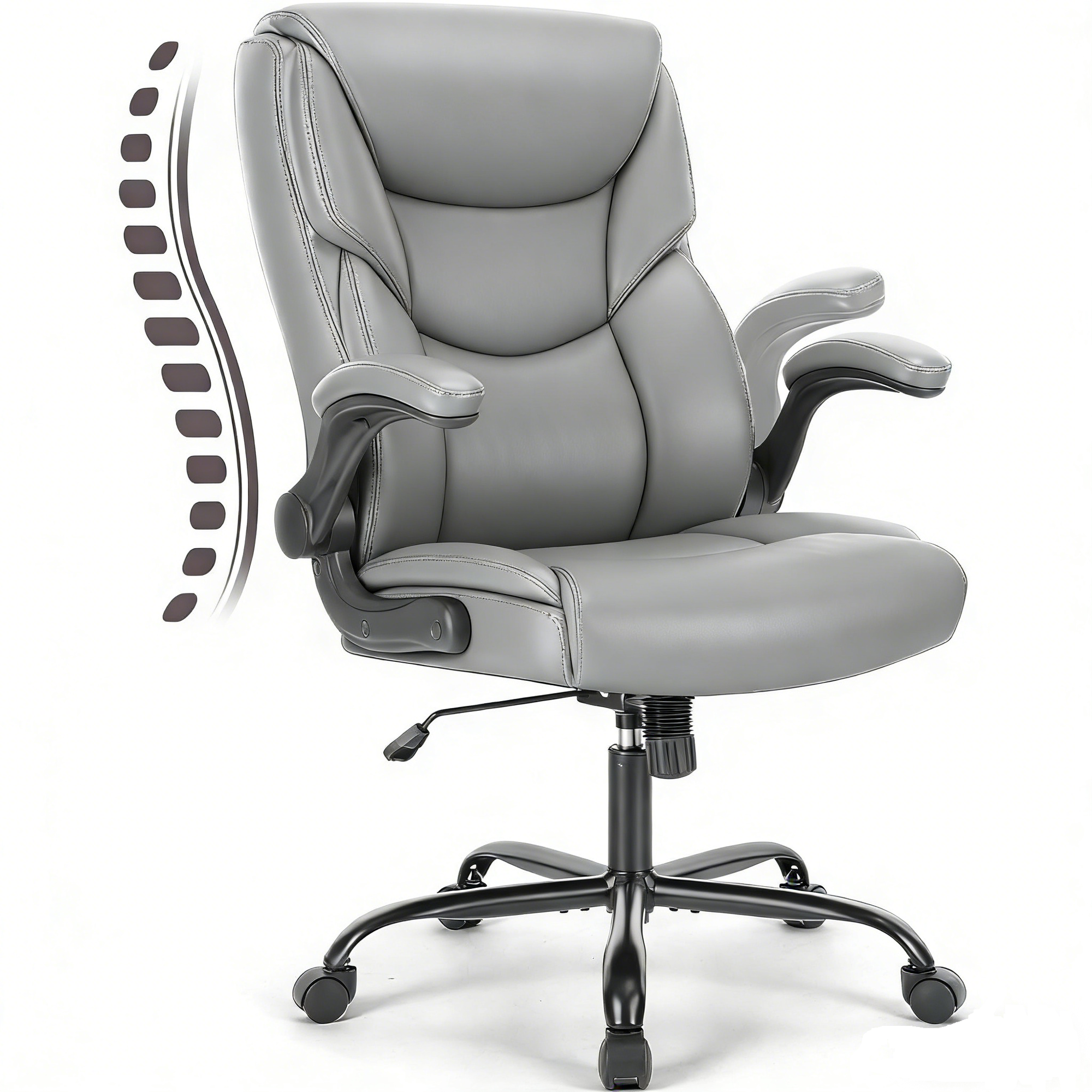 EDX Executive Office Chair with Flip-up Arms, Ergonomic Back Support, High Back, PU Leather 300lbs, Gray