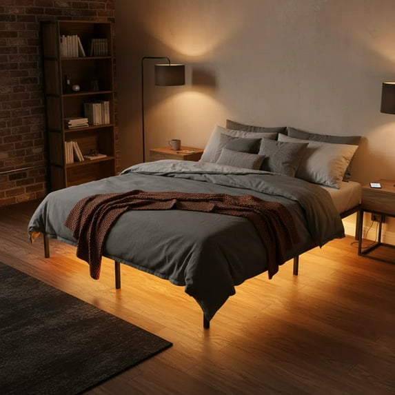 edx Size Floating Bed Frame, Metal Platform Bed Frame with LED Lights, Charging Station with 2 Outlets & USB Ports, No Box Spring Needed, Anti-Sliding, Noise Free, Easy Assembly, Black