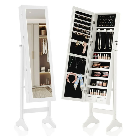 EDX Freestanding Full-Length Mirror Jewelry Cabinet, 3 Angle Adjustable Large Jewelry Armoire Organizer with Makeup Storage
