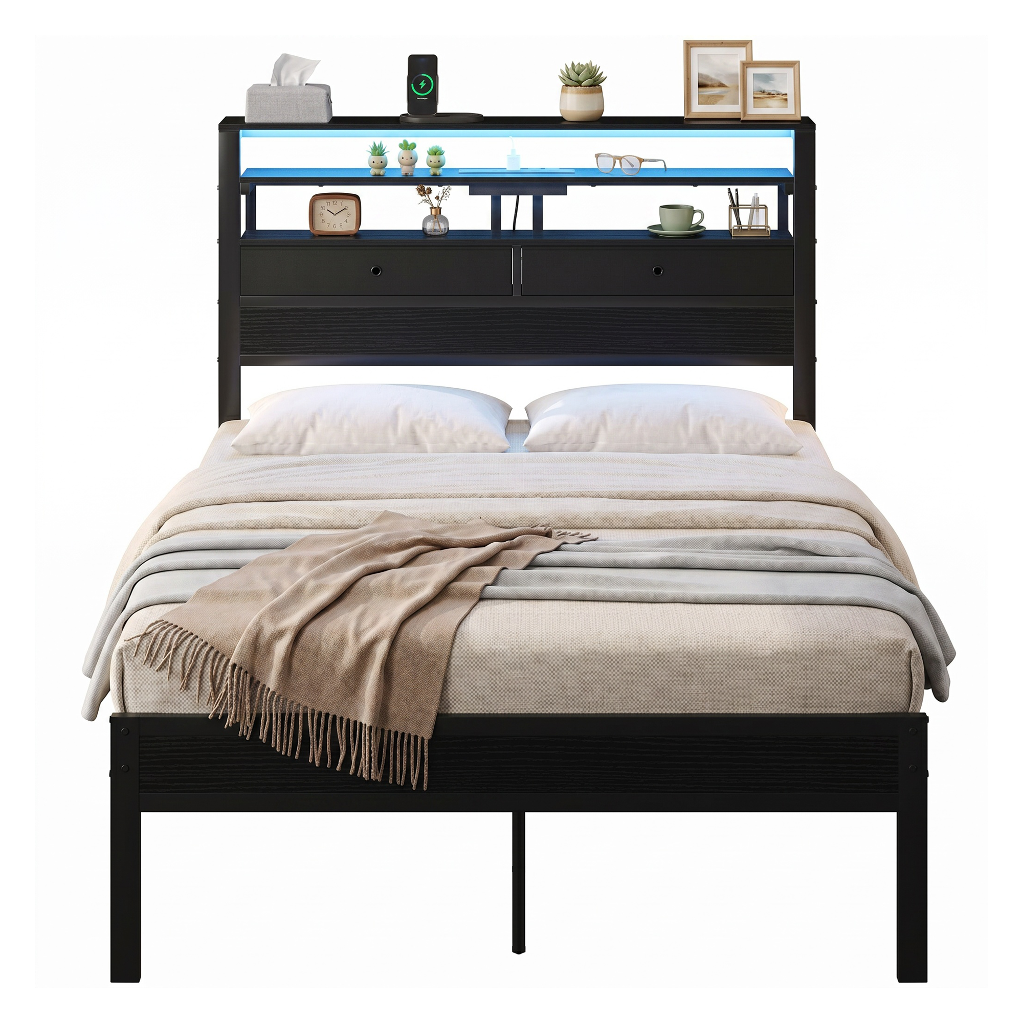 EDX Bed Frame with 2 Drawers and 3-tier Shelves, Platform Bedframe with Charging Station & LED Lights, No Box Spring Needed