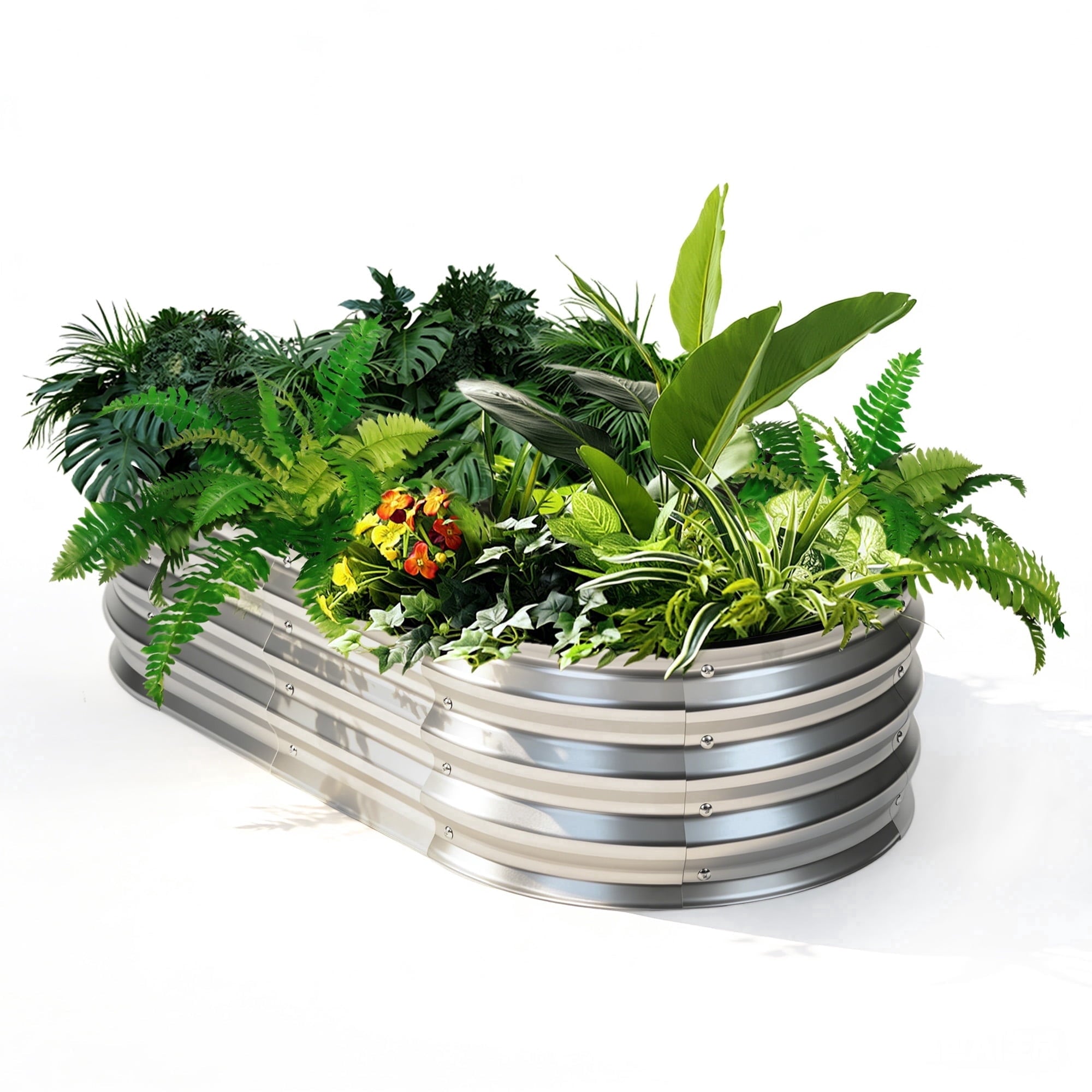 EDX Galvanized Steel Raised Garden Bed, Oval Metal Elevated Planter Box with Multiple Sizes for Outdoor Gardening, Silver