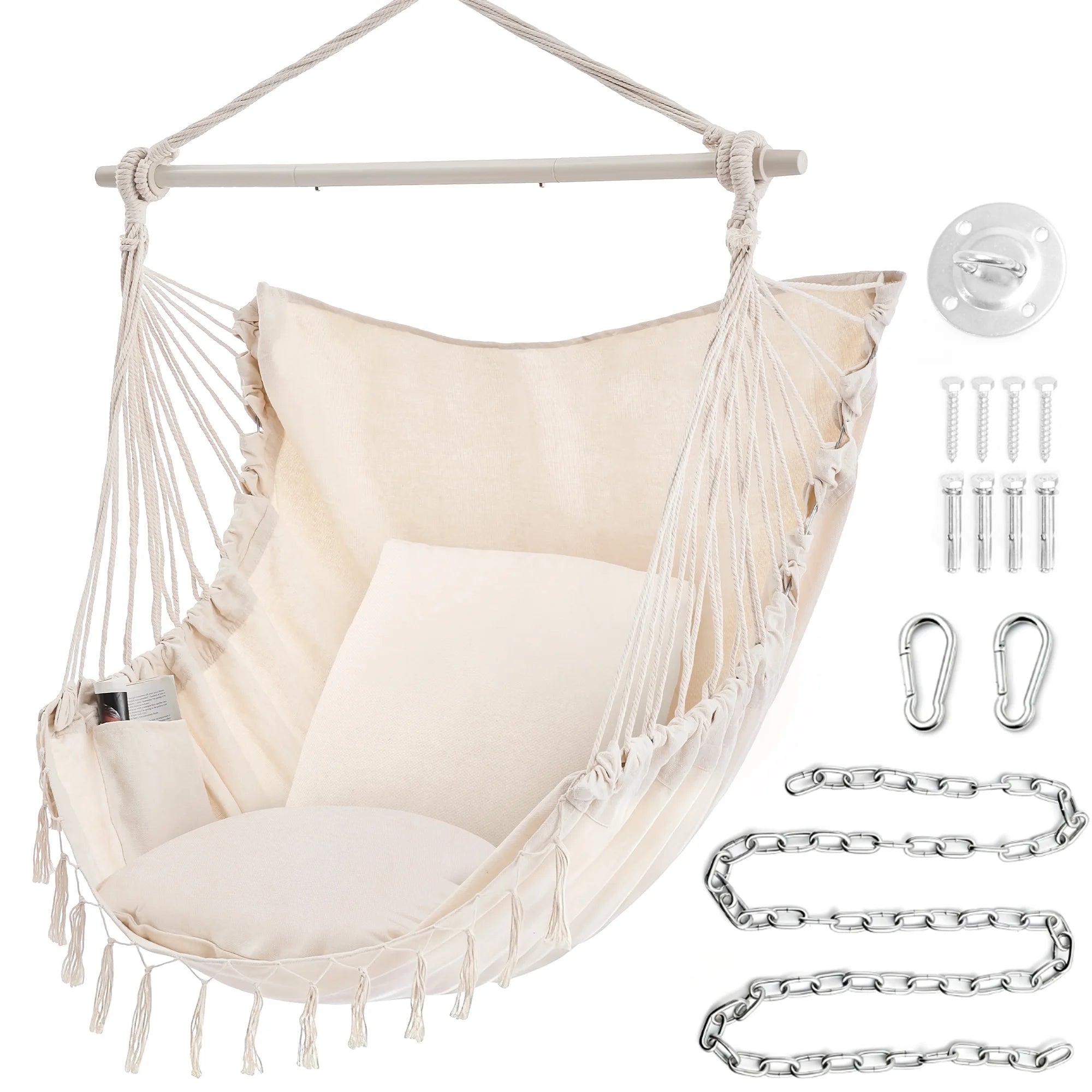 EDX Hammock Chair Hanging Rope Swing, Max 500 Lbs, 2 Cushions Included, Large Macrame Hanging Chair with Pocket for Superior Comfort & Hardware Kit