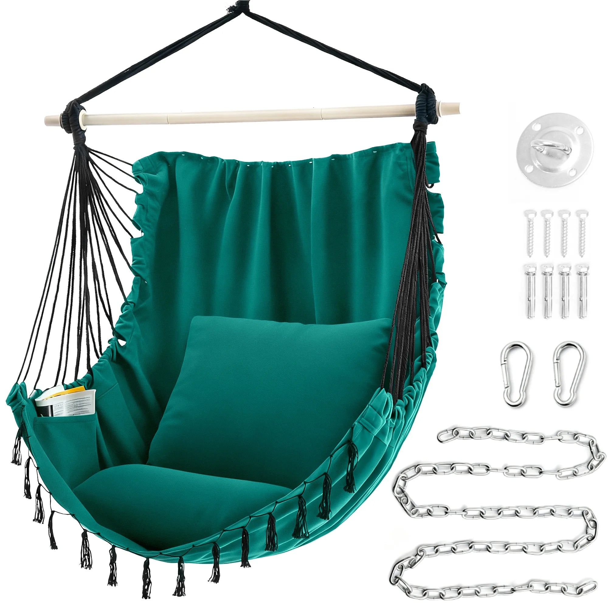 EDX Hammock Chair Hanging Rope Swing, Max 500 Lbs, 2 Cushions Included, Large Macrame Hanging Chair with Pocket for Superior Comfort & Hardware Kit