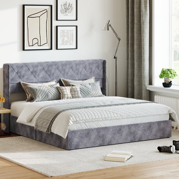 EDX Bed Frame, Lift Up Storage Bed with Modern Wingback Headboard & Hydraulic Support, No Box Spring Needed,Gray&Blue