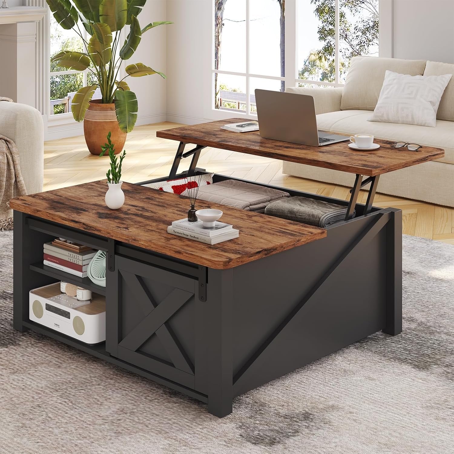 EDX Modern Lift Top Coffee Table with Hidden Storage & Adjustable Shelves, Square Farmhouse Center Table for Living Room