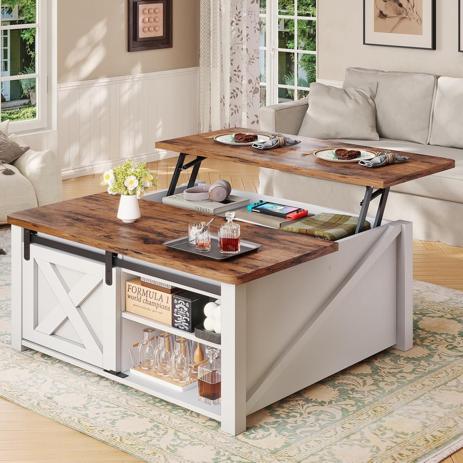EDX Modern Lift Top Coffee Table with Hidden Storage & Adjustable Shelves, Square Farmhouse Center Table for Living Room