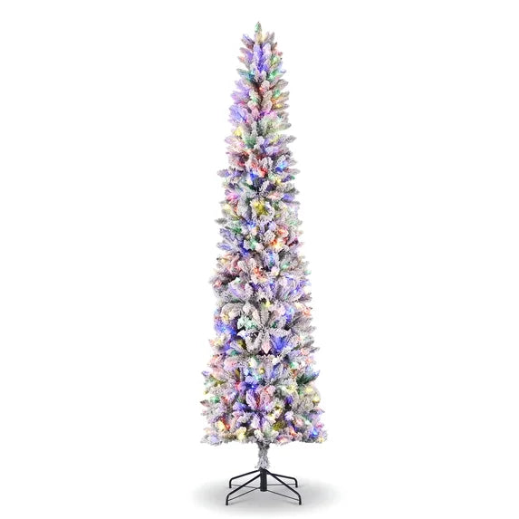 edx Pre-lit Snow Flocked Pencil Christmas Tree, Prelighted Artificial Slim Christmas Trees, With LED Lights, Branch Tips & Foldable Base, For Home, Office, Party Decoration