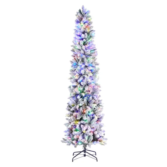 edx Pre-lit Snow Flocked Pencil Christmas Tree, Prelighted Artificial Slim Christmas Trees, With LED Lights, Branch Tips & Foldable Base, For Home, Office, Party Decoration