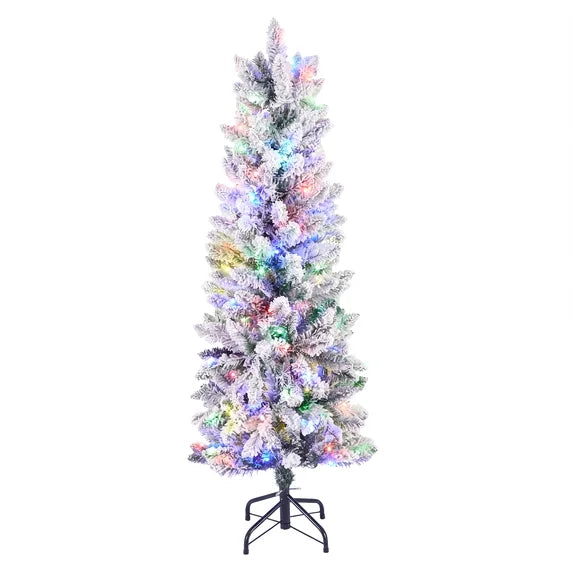 edx Pre-lit Snow Flocked Pencil Christmas Tree, Prelighted Artificial Slim Christmas Trees, With LED Lights, Branch Tips & Foldable Base, For Home, Office, Party Decoration