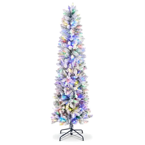 edx Pre-lit Snow Flocked Pencil Christmas Tree, Prelighted Artificial Slim Christmas Trees, With LED Lights, Branch Tips & Foldable Base, For Home, Office, Party Decoration