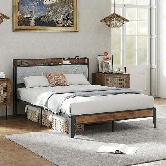 EDX Bed Frame with Headboard Integrated Charging Station, Spacious Underbed Storage,Simple No-Tool Assembly, No Box Spring Required