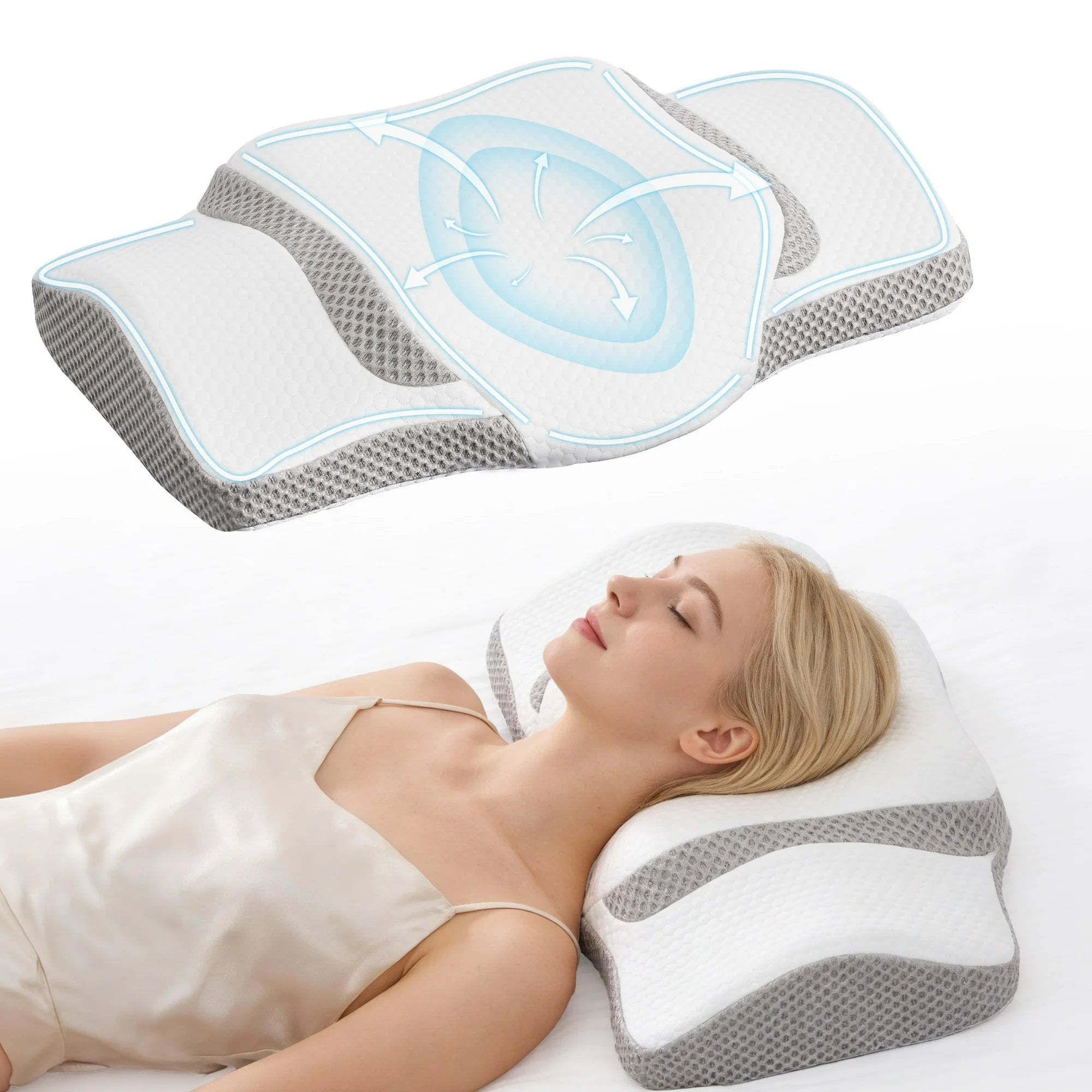 EDX King Size Square Cervical Pillows Memory Foam Double-Sided Pillow for Neck Pain Relief- Removable Cover,White and Gray
