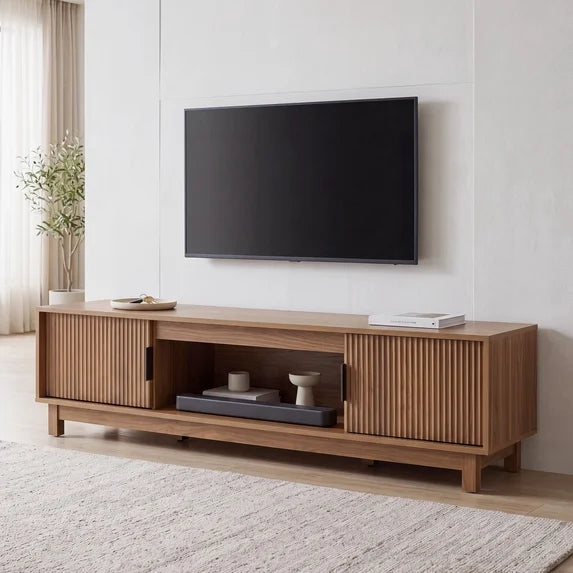 EDX Rattan TV Stand for 70 Inch TV, Media Console with Storage Cabinet & Open Shelves for Living Room, Brown