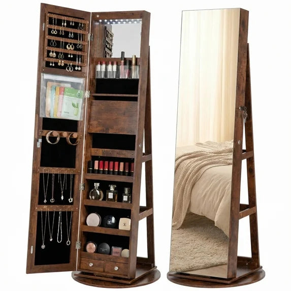edx Freestanding Rotating Jewelry Cabinet with Full-Length Mirror, Lockable Jewelry Armoire with Foldable Makeup Shelf & Lights, Jewelry Organizer with Storage