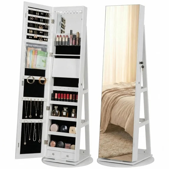 edx Freestanding Rotating Jewelry Cabinet with Full-Length Mirror, Lockable Jewelry Armoire with Foldable Makeup Shelf & Lights, Jewelry Organizer with Storage