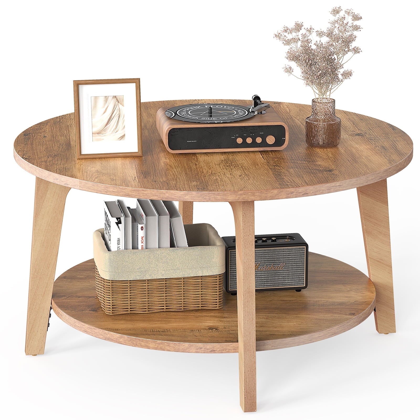 EDX Round Coffee Table, 2 Tier Coffee Table with Storage, for Living Room