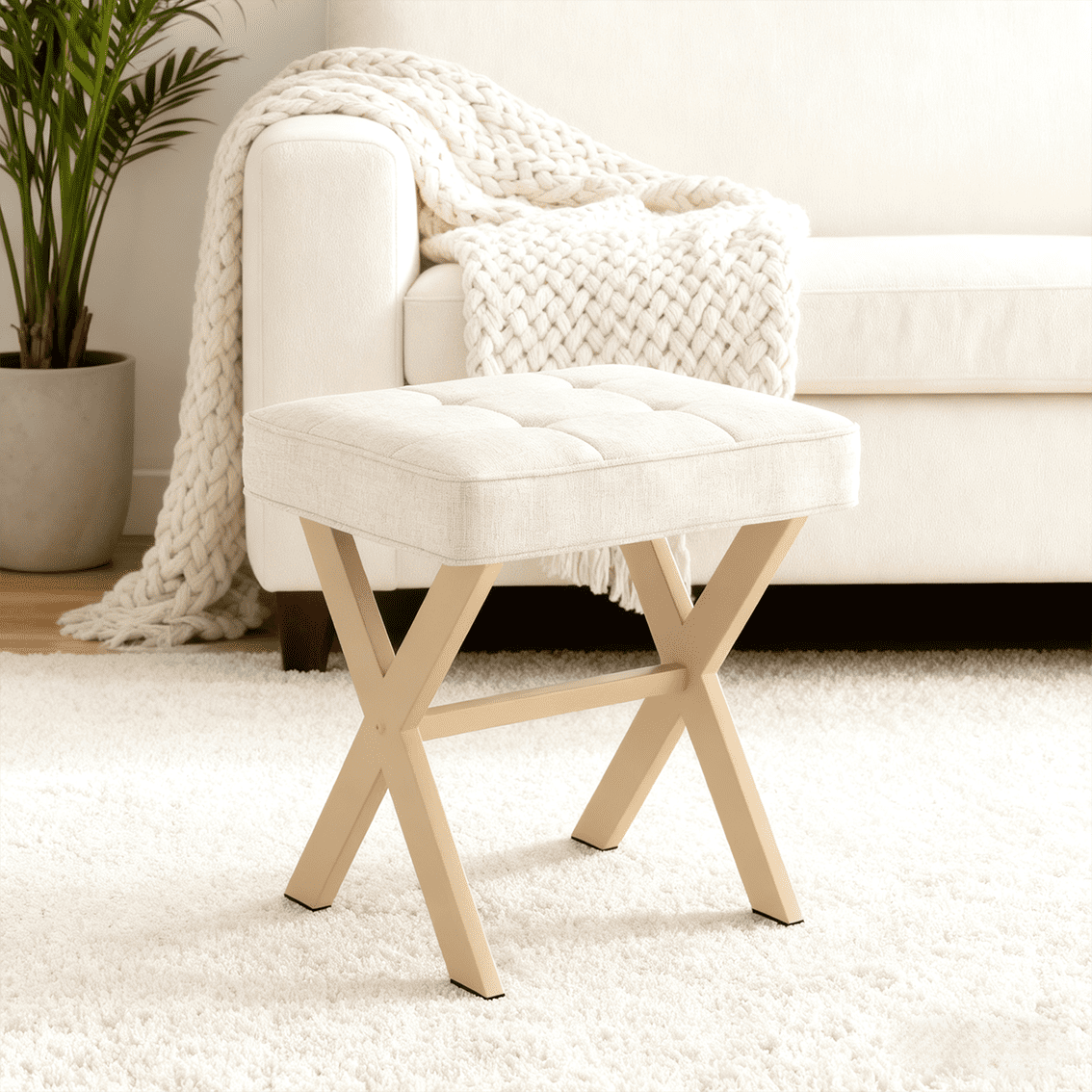 EDX Square Linen Makeup Stool, Metal X Legs, Small Ottoman Stool Chair for Vanity, Modern Padded Seat Foot Rest for Makeup Room, Bathroom