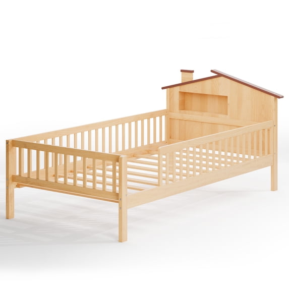 edx Twin Bed Frame with Rails & Storage, Solid Wood Platform Bed with Safety Guardrails & House Headboard, Slat Support, No Box Spring Needed, Natural