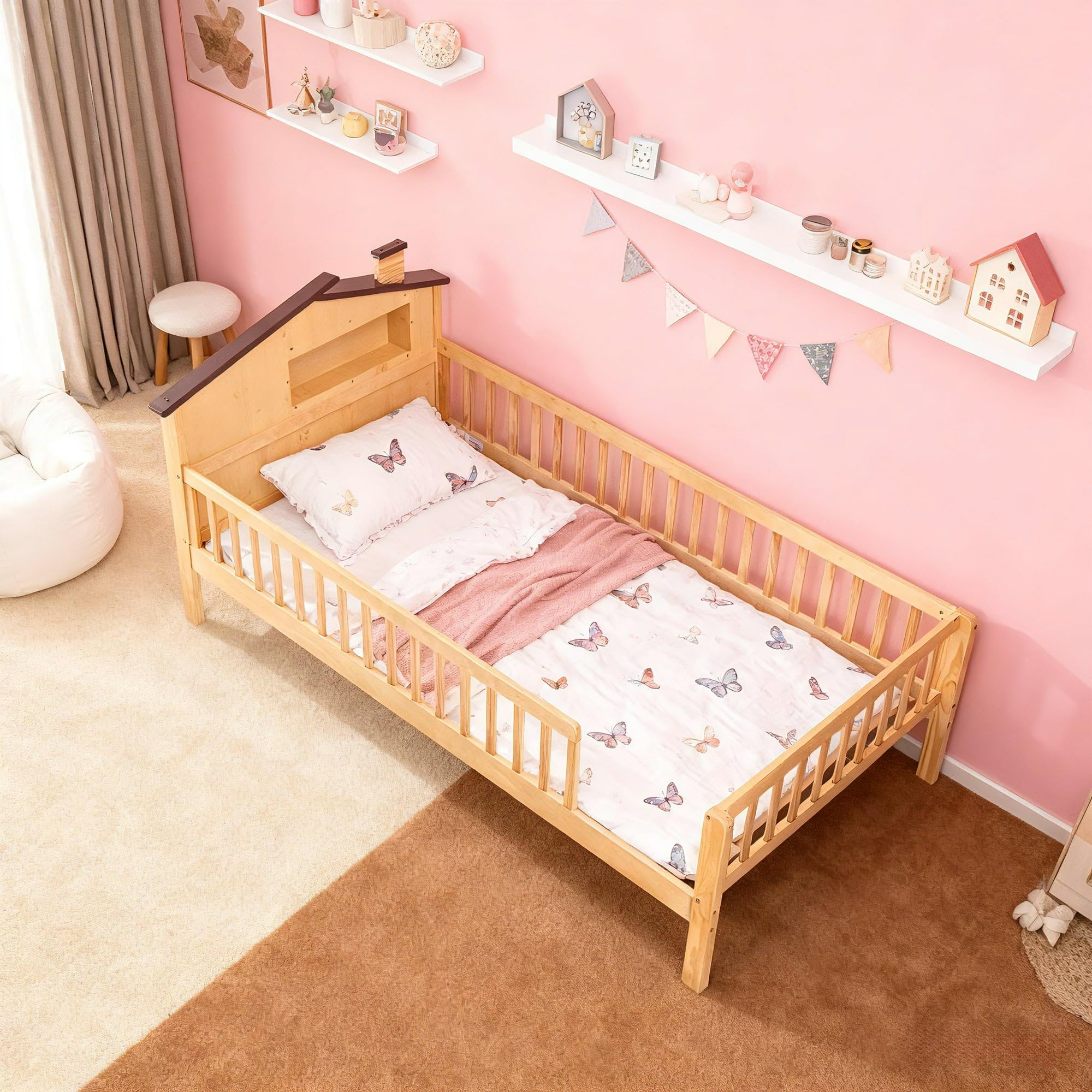 edx Twin Size Floor Bed with Fence, Montessori Bed with Safety Guardrail and Support Slats, Solid Wood Low Platform Bed Frame with Strong Legs, No Box Spring Needed, Holds 350 lbs, Natural Wood