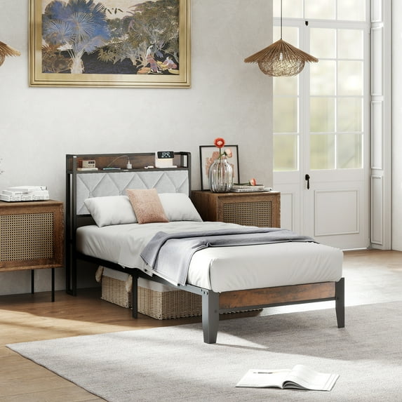EDX Bed Frame with Headboard Integrated Charging Station, Spacious Underbed Storage,Simple No-Tool Assembly, No Box Spring Required