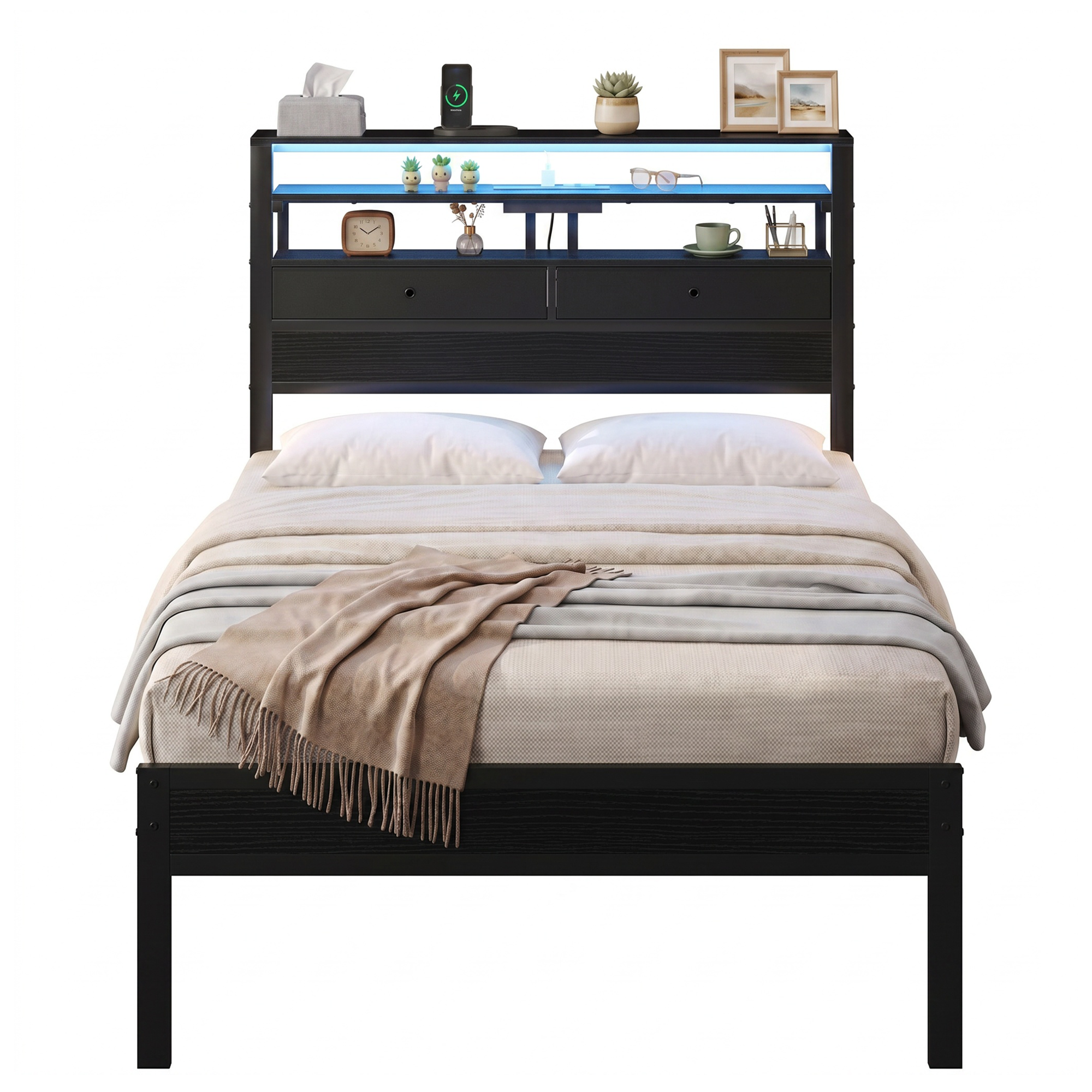 EDX Bed Frame with 2 Drawers and 3-tier Shelves, Platform Bedframe with Charging Station & LED Lights, No Box Spring Needed