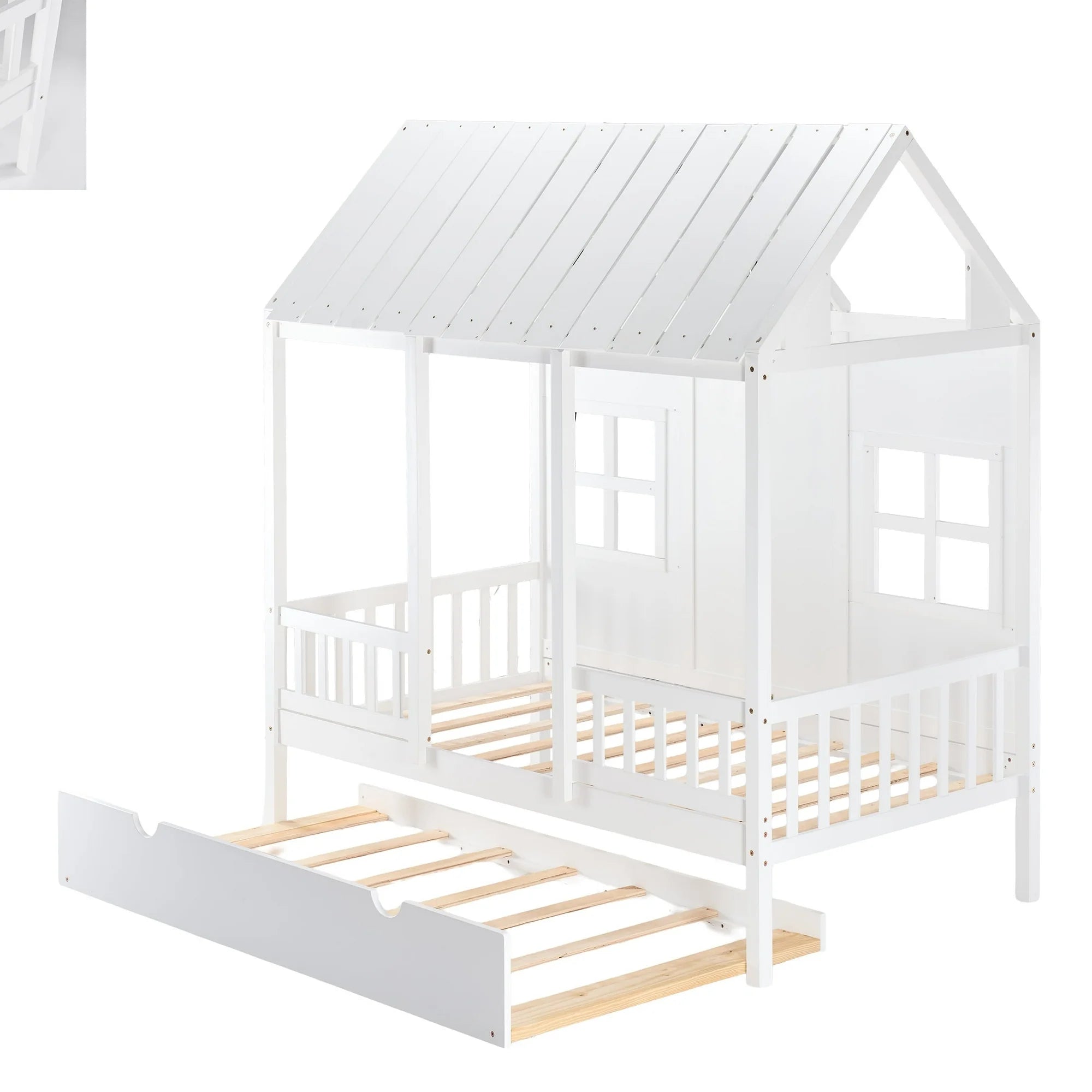 EDX Twin Size Solid Wood House Bed with Trundle ,Guardrails and Slats, Wood House Bed with Roof ,White