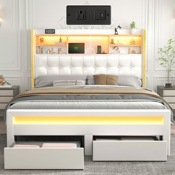 EDX Upholstered Bed Frame with 2 Storage Drawers, Platform Bed with Headboard and Sturdy Metal Frame
